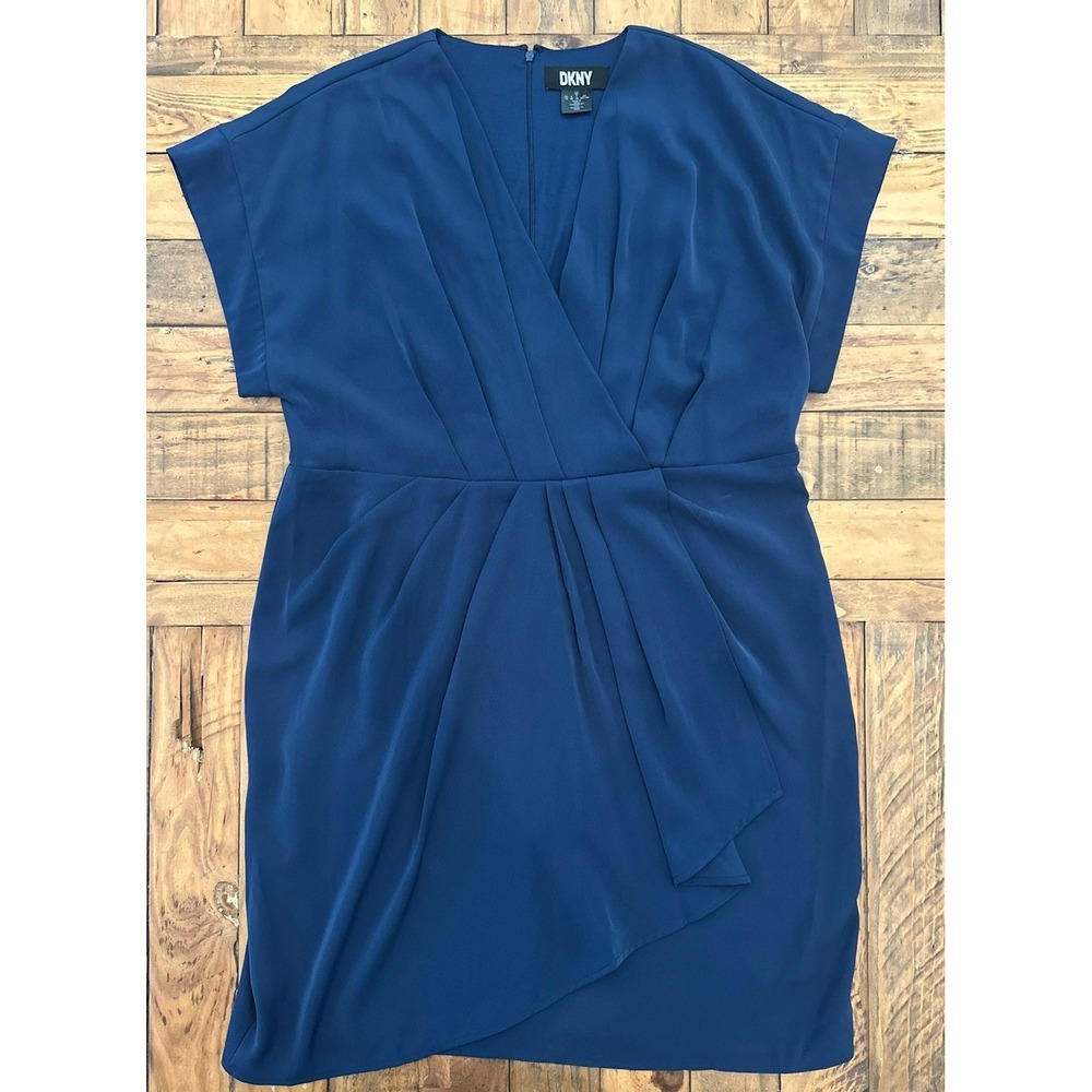 DKNY Women's Sz: 16 Navy Faux Wrap Pink Tuck Dress (B3) Career Cocktail